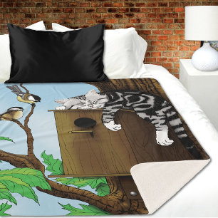 Tabby Cat Napping Birdhouse Sherpa Blanket