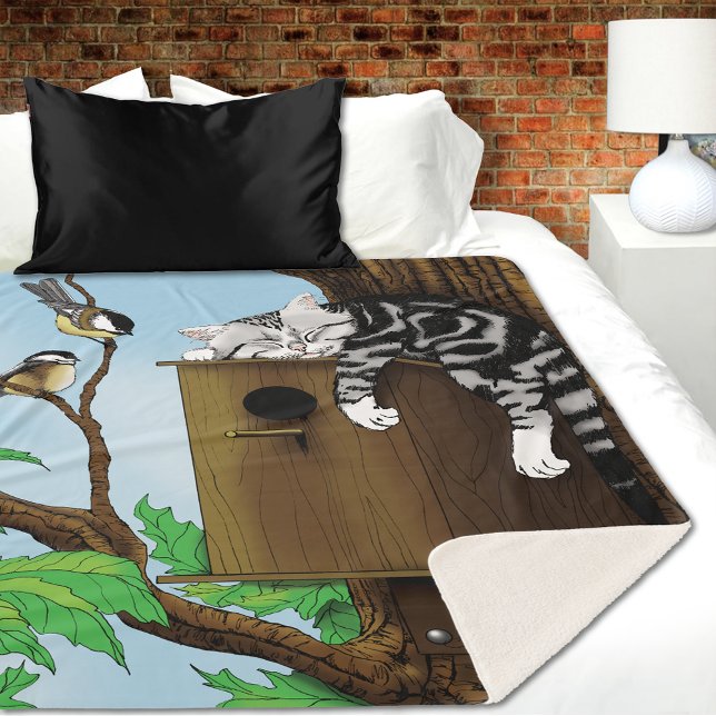 Tabby Cat Napping Birdhouse Sherpa Blanket (Creator Uploaded)