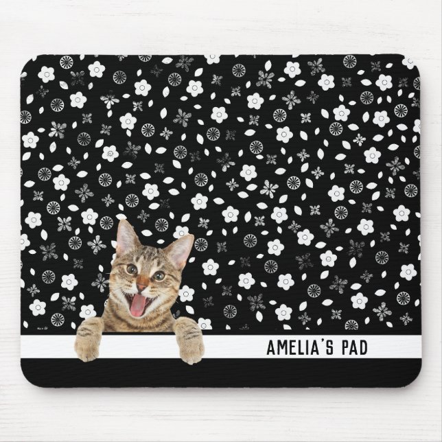 Tabby Cat on Black and White Floral Mouse Mat (Front)