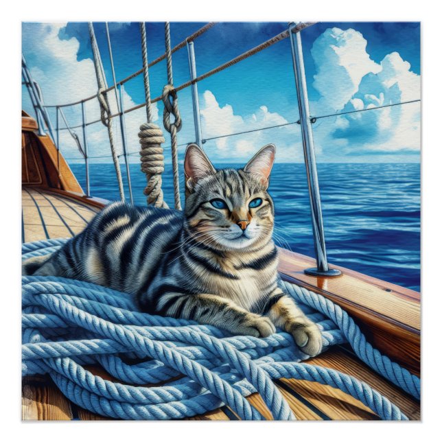 Tabby Cat On Boat Ropes Poster (Front)