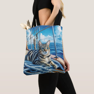 Tabby Cat On Boat Ropes Tote Bag