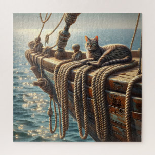 Tabby Cat On Nautical Ropes Jigsaw Puzzle