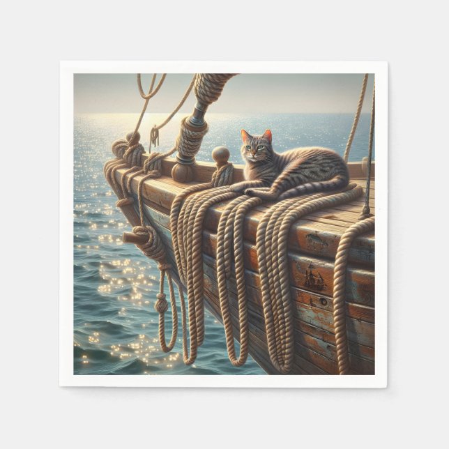 Tabby Cat On Nautical Ropes Napkin (Front)