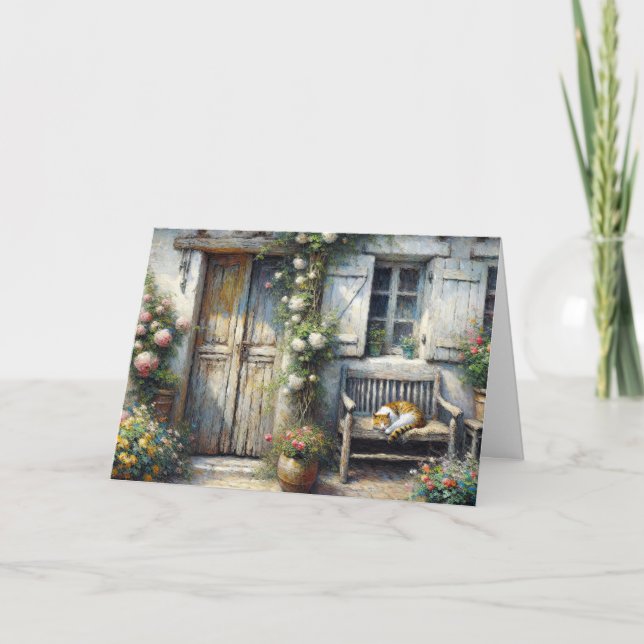 Tabby Cat On Old Bench Thank You Card (Front)