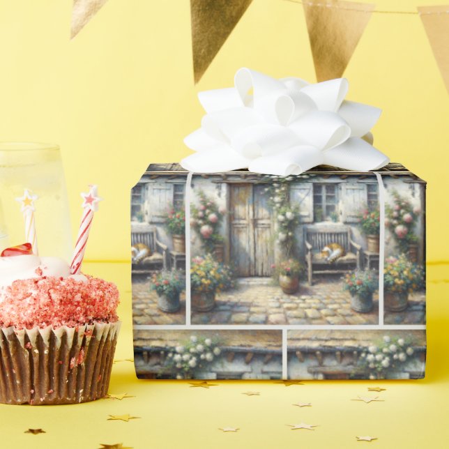 Tabby Cat On Old Bench Wrapping Paper (Birthday Party)