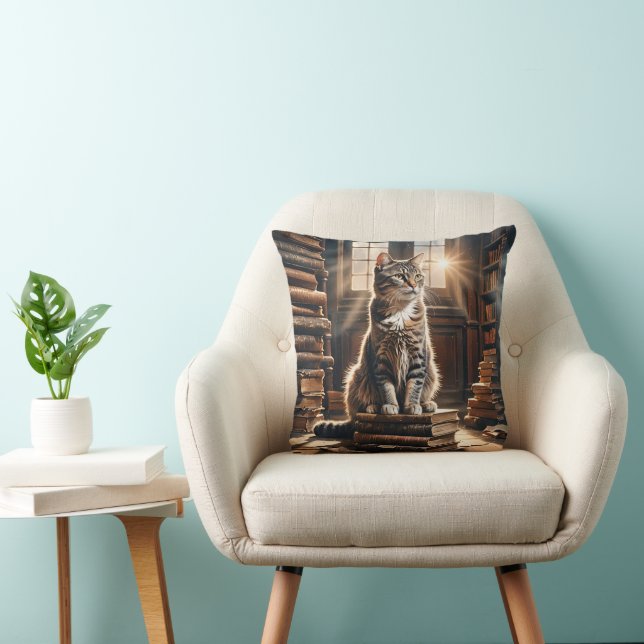 Tabby Cat On Old Library Books Cushion (Chair)