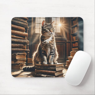 Tabby Cat On Old Library Books Mouse Mat