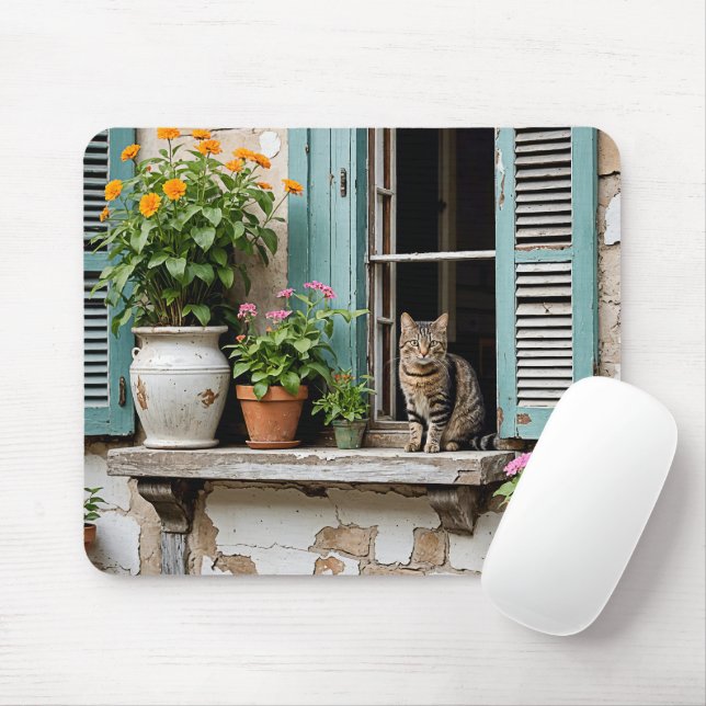 Tabby Cat On Old Window Ledge Mouse Mat (With Mouse)