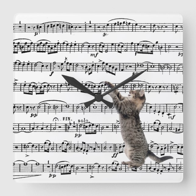 Tabby Cat On Sheet Music Square Wall Clock (Front)