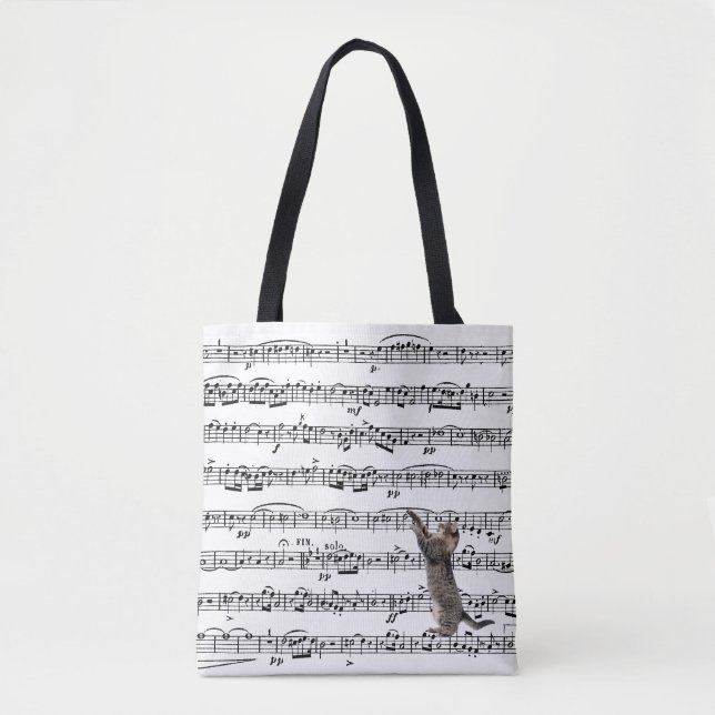 Tabby Cat On Sheet Music Tote Bag (Front)
