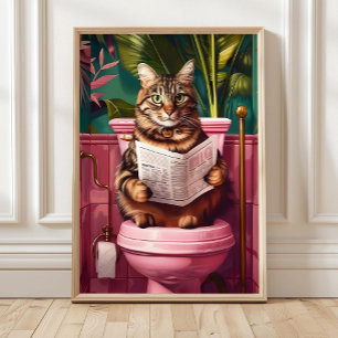 Tabby Cat on Toilet Print – Funny Bathroom Wall Poster