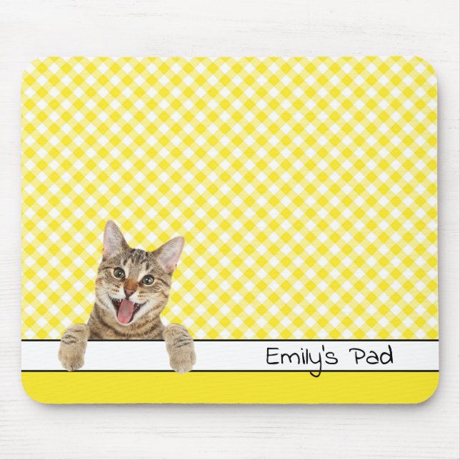 Tabby Cat on Yellow Gingham  Mouse Mat (Front)