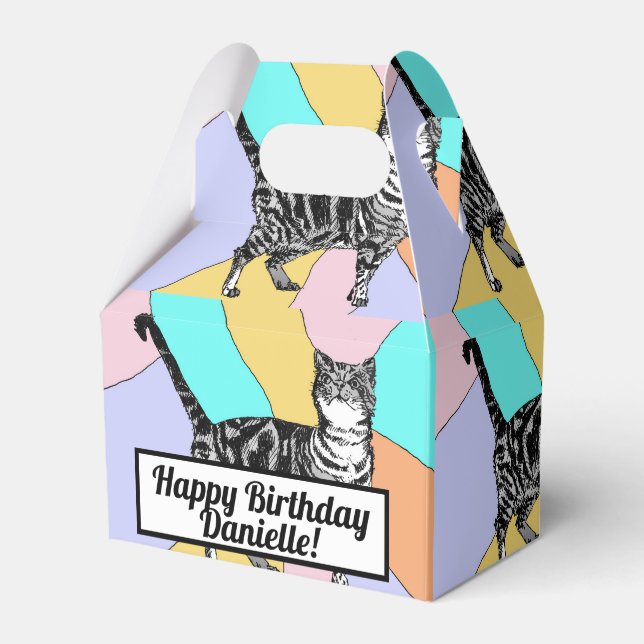 Tabby Cat Pastel Birthday Cats Cake Favor Box (Front Side)