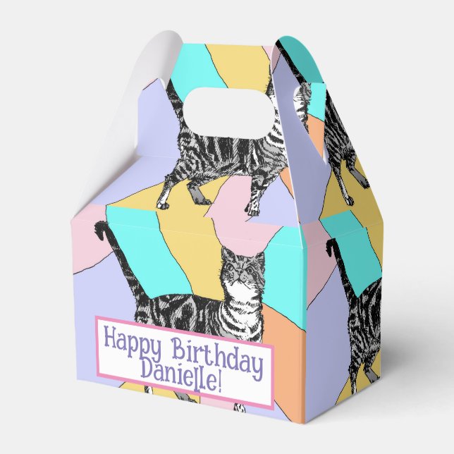Tabby Cat Pastel Birthday Cats Cake Favor Box (Front Side)
