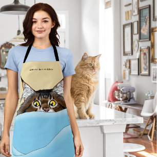Tabby Cat Peeking Blue Fantasy Apron