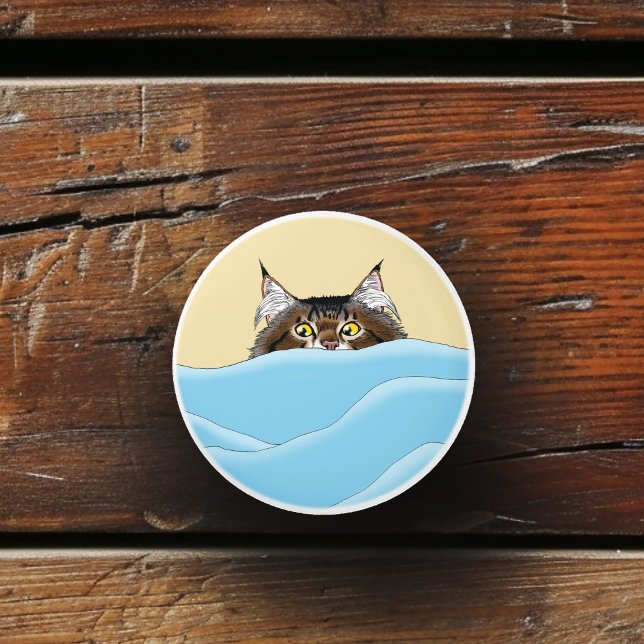 Tabby Cat Peeking Blue Funny Ceramic Knob (Creator Uploaded)