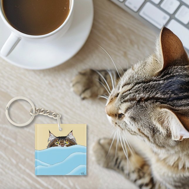 Tabby Cat Peeking Blue Funny Key Ring (Creator Uploaded)