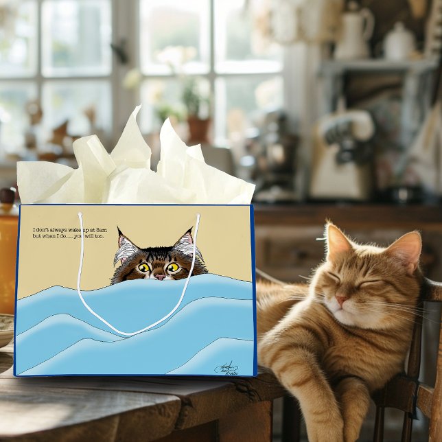 Tabby Cat Peeking Blue Funny Large Gift Bag (Creator Uploaded)
