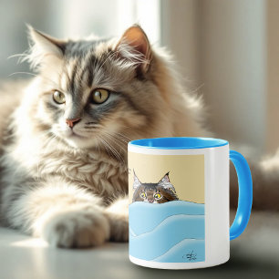 Tabby Cat Peeking Blue Funny Mug