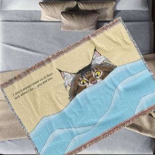 Tabby Cat Peeking Blue Funny Throw Blanket
