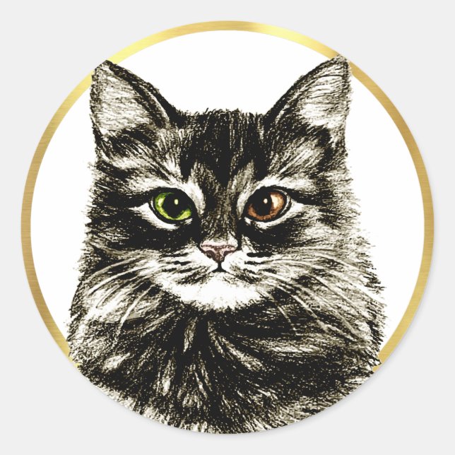 Tabby Cat Pencil Artist Drawing Gold Frame Favour Classic Round Sticker (Front)