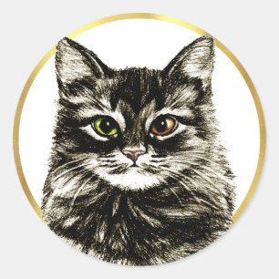 Tabby Cat Pencil Artist Drawing Gold Frame Favour Classic Round Sticker