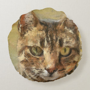 Tabby Cat Pencil Sketch Round Cushion