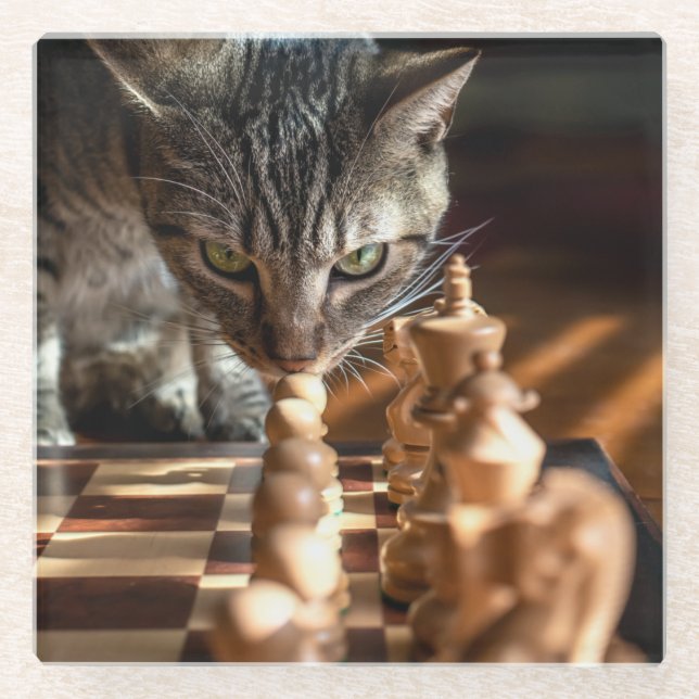 Tabby Cat Playing Chess Glass Coaster (Front)