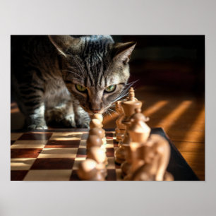 Tabby Cat Playing Chess Poster