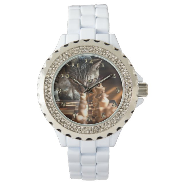 Tabby Cat Playing Chess Watch (Front)
