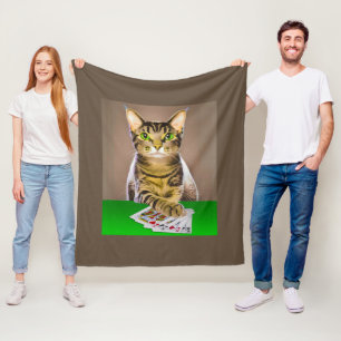 Tabby Cat Playing Poker Fleece Blanket