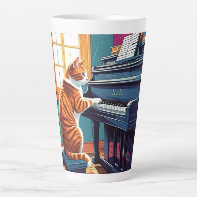 Tabby Cat Playing the Piano Latte Mug (Front)