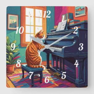 Tabby Cat Playing the Piano Square Wall Clock