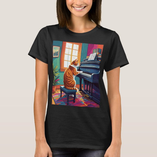Tabby Cat Playing the Piano T-Shirt (Front)