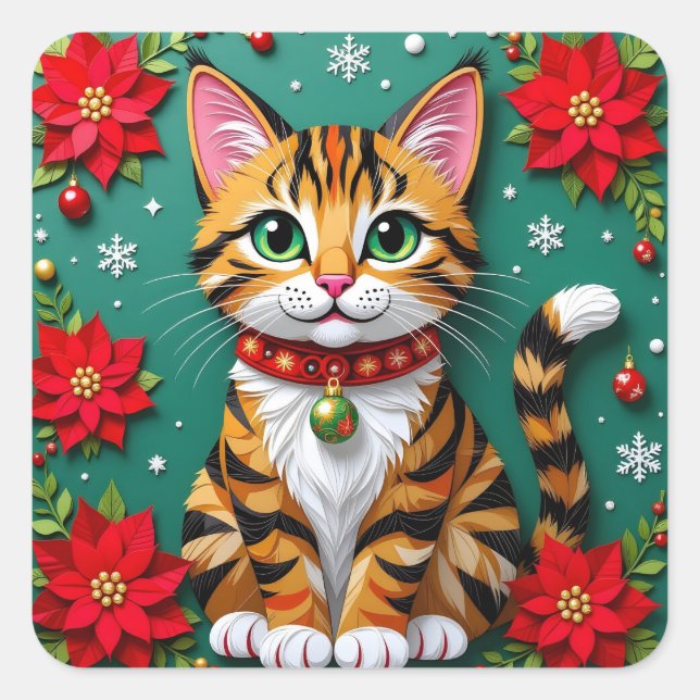Tabby Cat, Poinsettias and Snowflakes Christmas Square Sticker (Front)