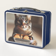 Tabby cat presenting a tin of biscuits