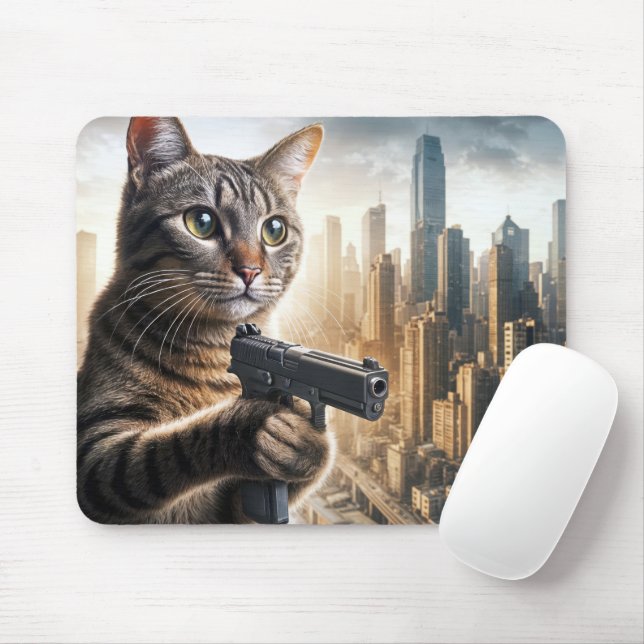 Tabby Cat Protecting The City Mouse Mat (With Mouse)