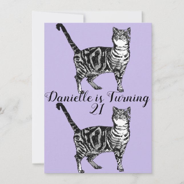 Tabby Cat Purple Art 21st Birthday Invitation (Front)