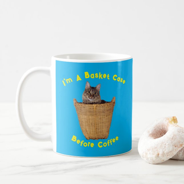Tabby Cat Says I'm a Basket Case Before Coffee Coffee Mug (With Donut)