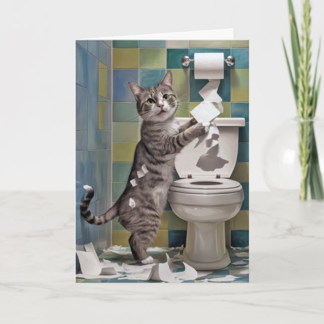 Tabby Cat Shredding Toilet Paper Birthday Card (Front)