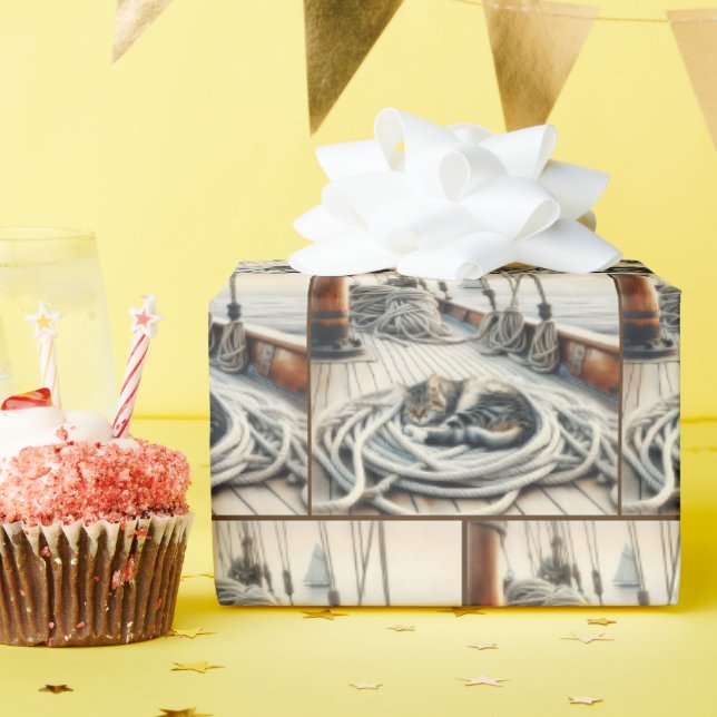 Tabby Cat Sleeping On Boat Ropes Wrapping Paper (Birthday Party)