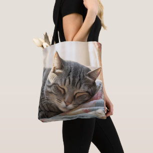 Tabby Cat Sleeping On Old Quilt Tote Bag
