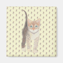 Tabby Cat Square Magnet On Yellow