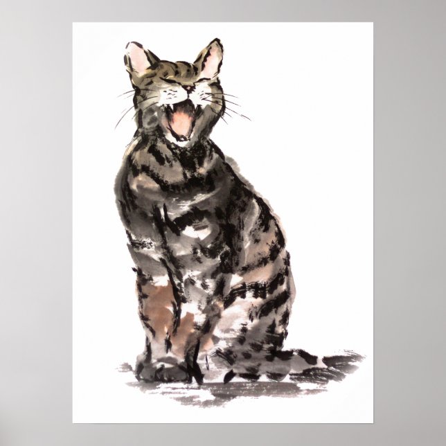 Tabby cat sumie watercolor & ink painting poster (Front)