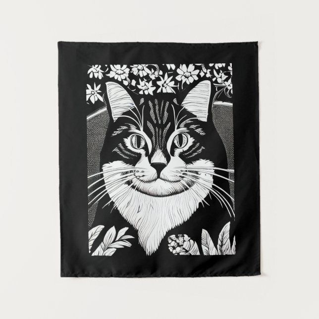 Tabby Cat Surrounded with Flowers Tapestry (Front)