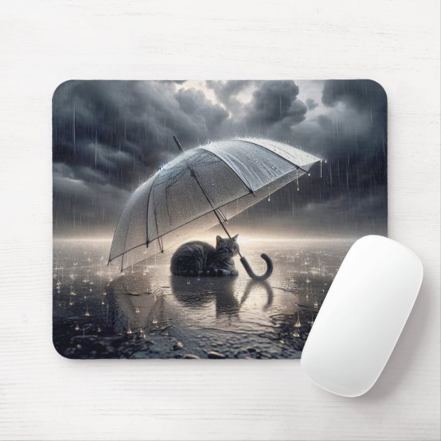 Tabby Cat Under Umbrella Mouse Mat (With Mouse)