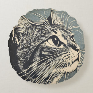 Tabby Cat Vintage Lino Print Round Cushion