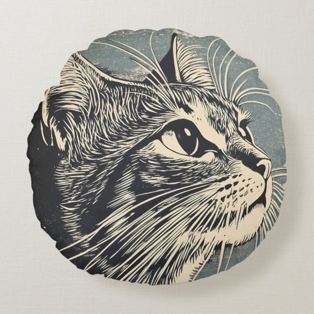Tabby Cat Vintage Lino Print  Round Cushion (Front)