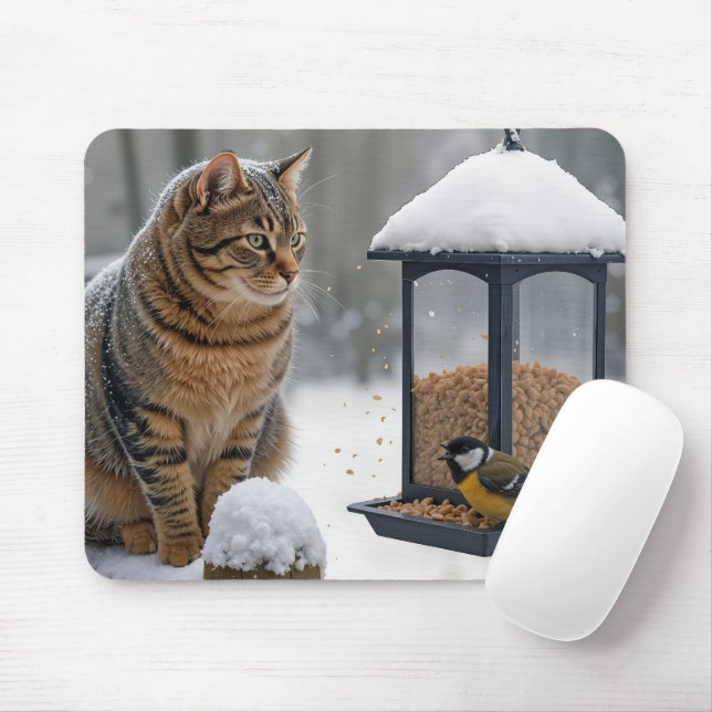 Tabby Cat Watching a Bird On a Feeder Mouse Mat (With Mouse)