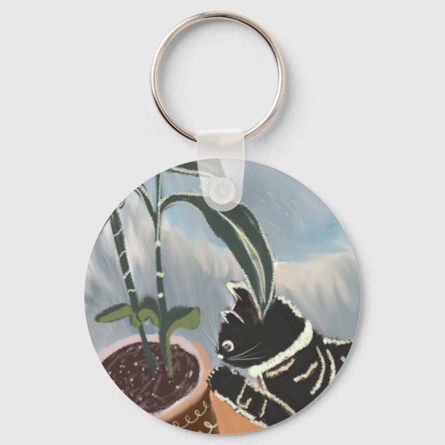 Tabby Cat Watching House Plants  Key Ring (Front)